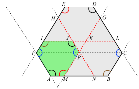 angles in lower left rotated hexagon and main hexagon.