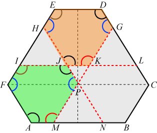 Angles in lower left and top rotated hexagons