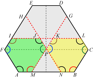 Angles in lower left and lower right rotated hexagons